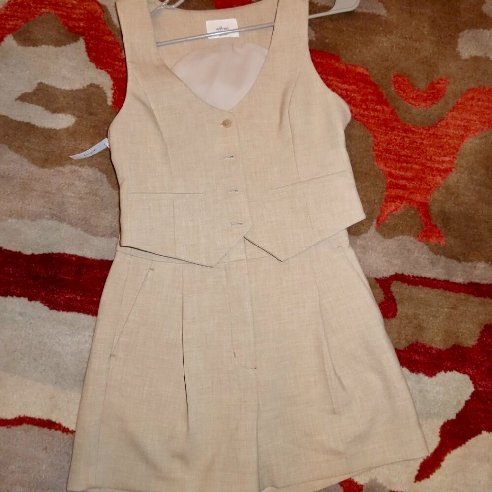 Aritzia Wilfred Desire Light Tan Buttoned Vest + Shorts